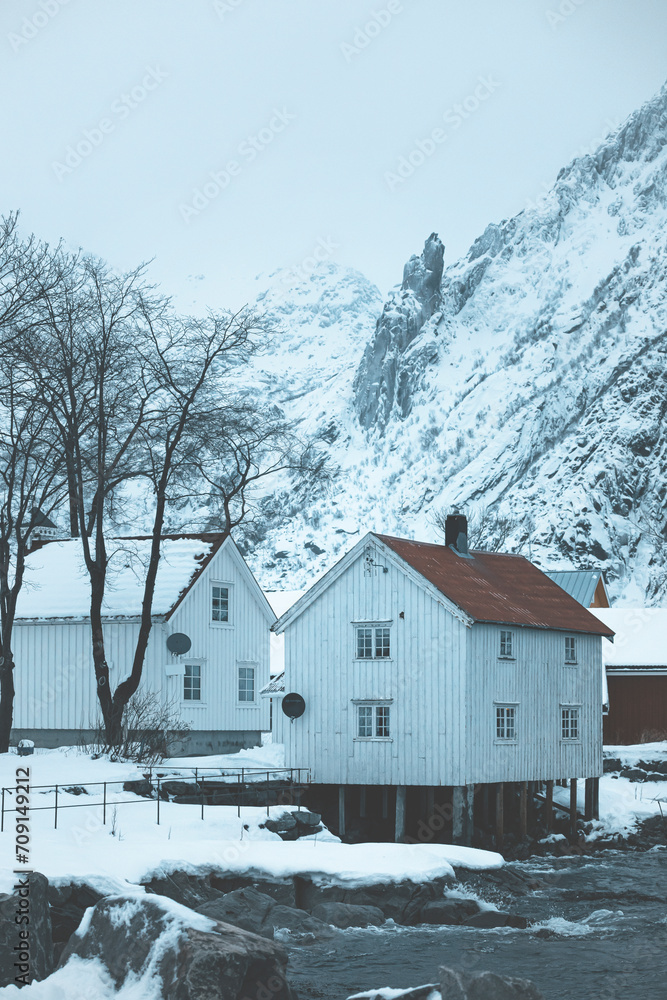 white small houses in the snow at lofoten islands white small houses in the snow at lofoten islands