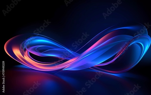 3d rendering. Abstract twisted brush strokes glow with dark blue neon light. generative ai