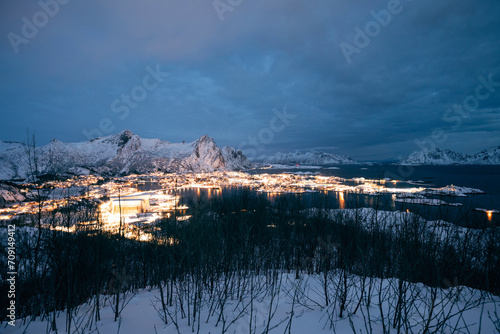 winter panorama of the city of Svolvær in norway at blue hour