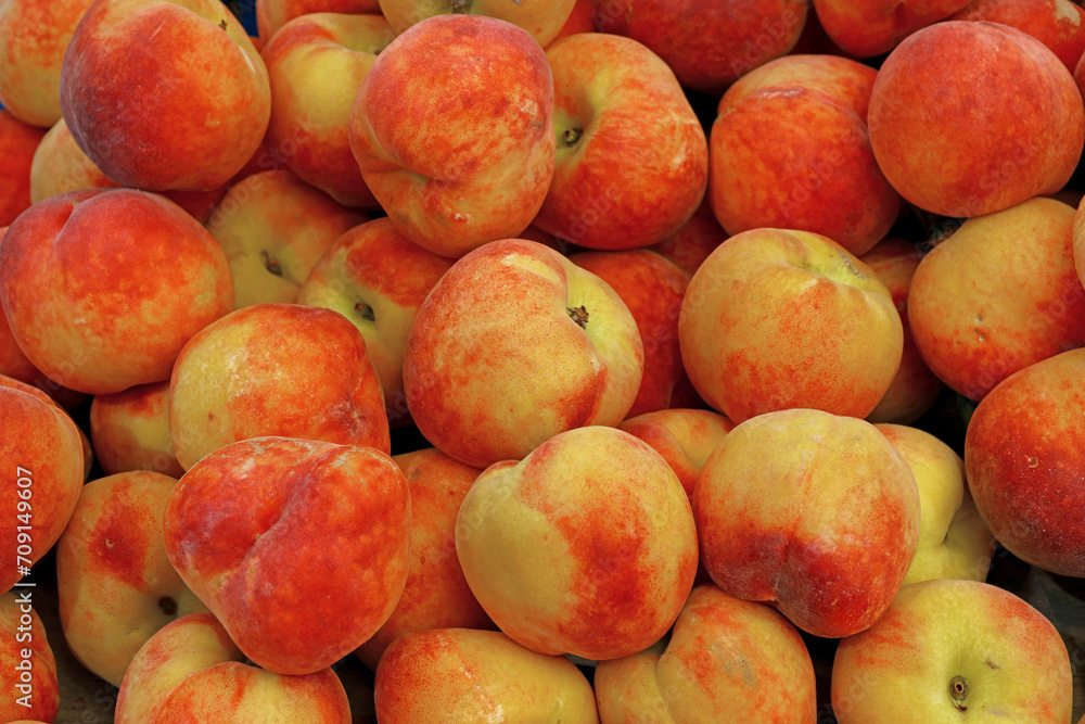 Fresh peaches on market stall Fresh peaches on market stall