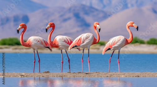 Colorful flock of flamingos gathered in a shallow lake  capturing their elegant movements and vibrant plumage