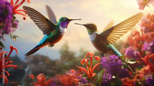 A detailed rendering showcases a pair of hummingbirds sipping nectar from a cluster of colorful flowers