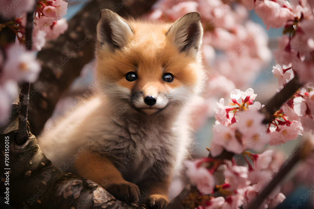Fototapeta premium Baby Fox Among Pink Cherry Blossom Trees