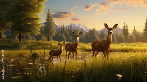 A high-definition image captures a lively meadow, where a family of deer frolics among the tall grass