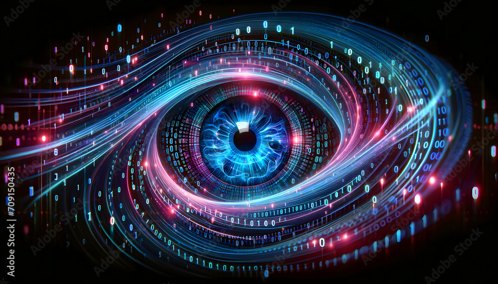 Obraz premium An intricate, vibrant digital representation of an eye, symbolizing vision or surveillance technology