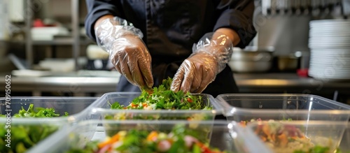 Cafe staff cooking and packaging takeout orders safely during the coronavirus outbreak. Chef preparing vegan salad in an eco-friendly container.