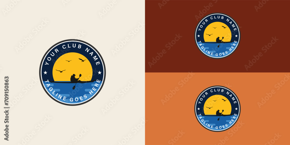 Naklejka premium The Kayak boat paddle pedal, the silhouette of a river stream kayaker logo design, is presented with multiple background colors. The logo is suitable for the water sports activity logo design template