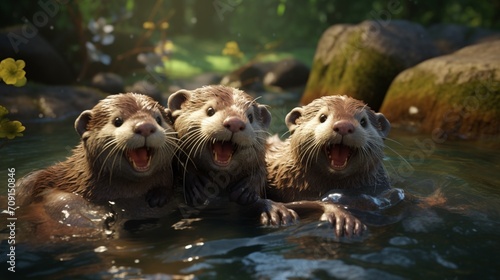 In this realistic 3D render, a family of otters plays in a clear stream, their playful antics bringing joy to the scene photo