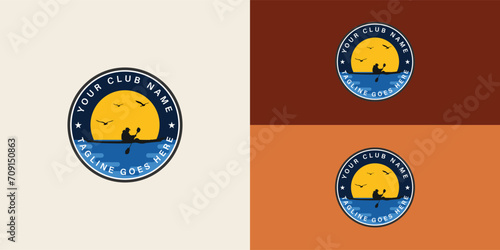 The Kayak boat paddle pedal, the silhouette of a river stream kayaker logo design, is presented with multiple background colors. The logo is suitable for the water sports activity logo design template