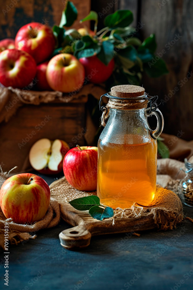 apple cider vinegar on the table. Selective focus. apple cider vinegar on the table. Selective focus.