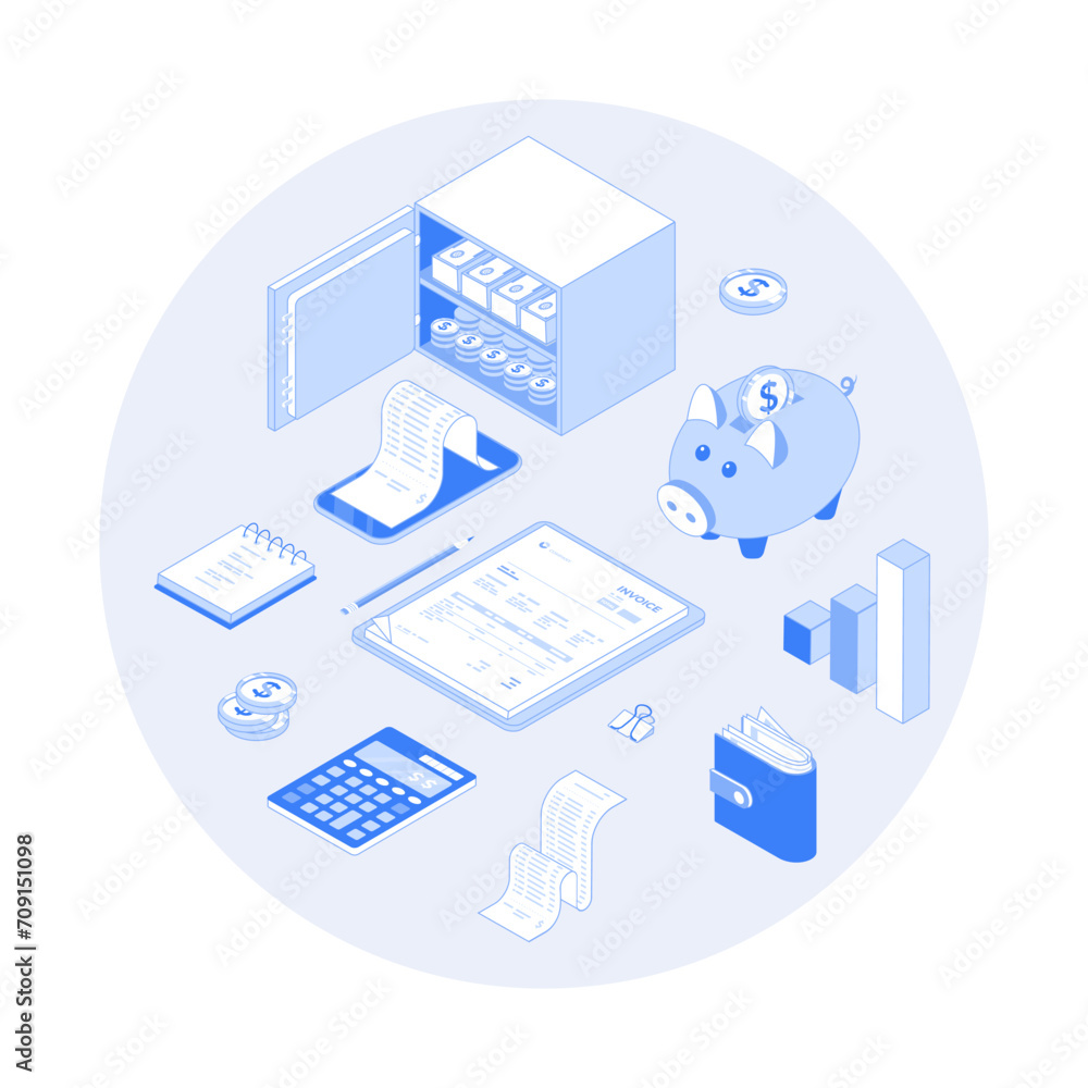 Financial calculations. Bookkeeping, audit, analysis, reporting, accounting. Invoice, piggy bank, safe, money, calculator, receipt. Vector outline illustration with isometry scene for web graphic Financial calculations. Bookkeeping, audit, analysis, reporting, accounting. Invoice, piggy bank, safe, money, calculator, receipt. Vector outline illustration with isometry scene for web graphic