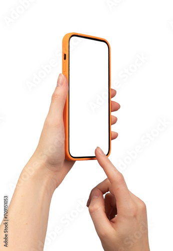 Finger tapping smartphone mockup, mobile phone screen. Hand holding cellphone isolated on white