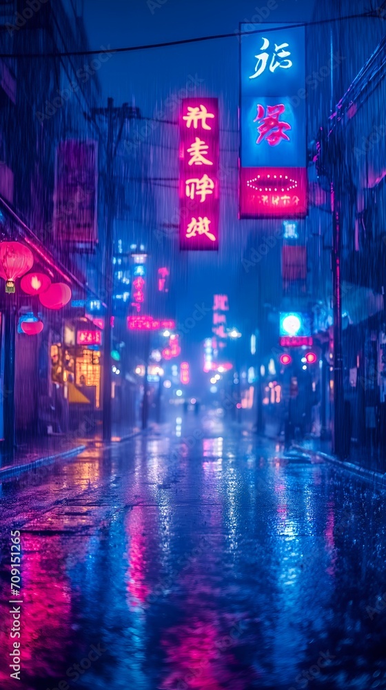 Wet streets at night with neon lights