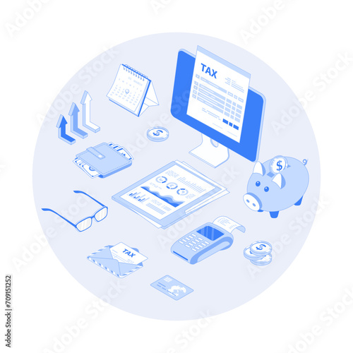 Online tax payment service. Taxation, tax calculation. Tax form on the monitor, documents, money, credit card, invoice. Vector outline illustration with isometry scene for web graphic
