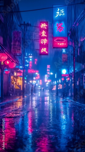 Wet streets at night with neon lights