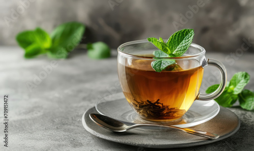 moringa tea cup with mint leaf on gray background