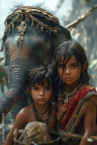 Children Standing Beside a Majestic Elephant. Two young kids standing confidently next to a gigantic elephant in the wild.