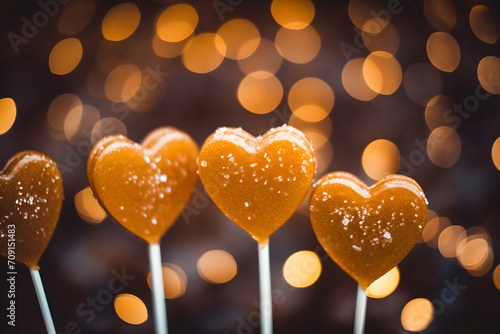 Close-up photo of salted caramel heart shaped sweets on a stick on a blurred background with lights. Caramel candy romantic symbol of love for Valentine's Day. Banner concept for festive celebration. photo