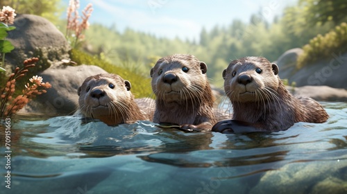 In this realistic 3D render, a family of otters plays in a clear stream, their playful antics bringing joy to the scene