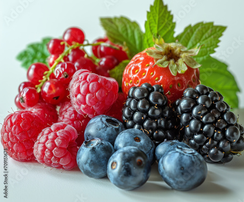 Assorted Berries and Raspberries on White Surface. Close-up Fresh Fruit Arrangement