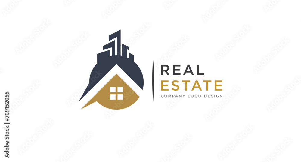 Black and Gold Real Estate Logo Design. Flat Vector Logo Design Template Element for Construction Architecture Building Logos. - obrazy, fototapety, plakaty 