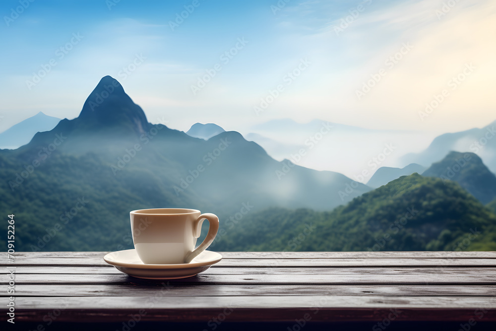 Sunrise Serenity Coffee Cup on Wooden Table in the Morning Light Sunrise Serenity Coffee Cup on Wooden Table in the Morning Light