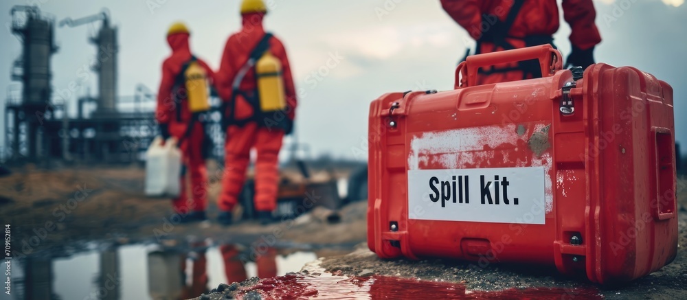 A rescue team is prepared to respond to a chemical spill with a red box labeled "Spill kit." - obrazy, fototapety, plakaty 