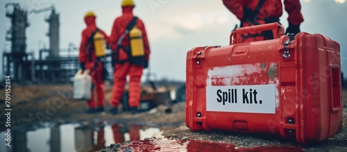 A rescue team is prepared to respond to a chemical spill with a red box labeled "Spill kit."