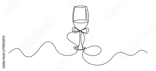 Wine glass line art with ribbon illustration