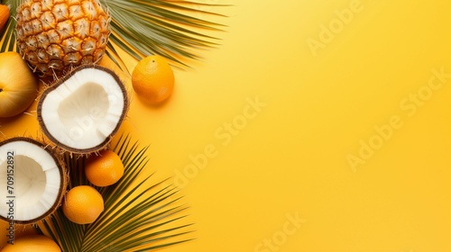 Fototapeta Naklejka Na Ścianę i Meble -  Tropical Summer Delight: Juicy Pineapples, Cracked Coconuts, and Citrus Bliss on Vibrant Yellow Background - Exotic Food Composition for a Refreshing Vacation Mood
