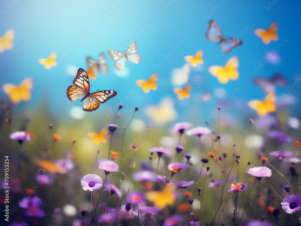 Colorful swarm of butterflies fluttering around a field of wildflowers Colorful swarm of butterflies fluttering around a field of wildflowers