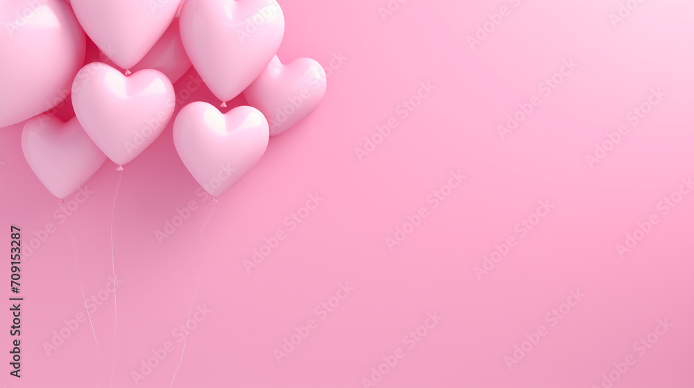 Valentines day background banner. The background is pink in color and there are floating heart balloons