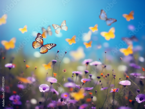 Colorful swarm of butterflies fluttering around a field of wildflowers