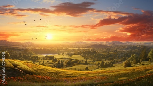 A 3D-rendered image captures a radiant sunrise over a serene countryside  painting the world in warm hues