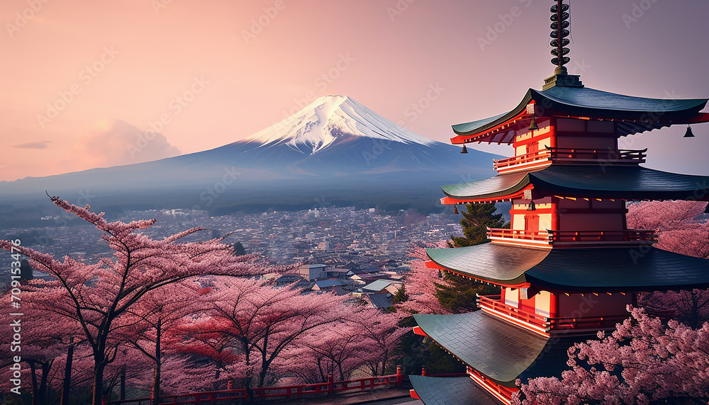 Fototapeta premium Fujiyoshida, Japan Beautiful view of mountain Fuji and Chureito pagoda at sunset, japan in the spring with cherry blossoms