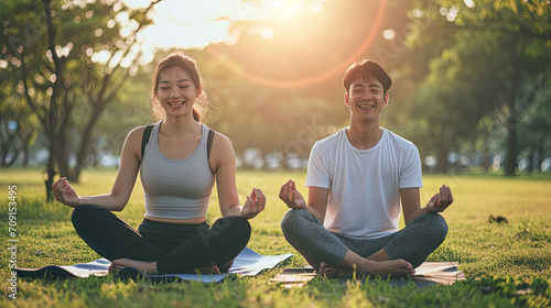 Asian couple exercising In the morning, sit and do yoga on the green grass in the outdoor park. they smile happy and healthy. fitness concept, health care