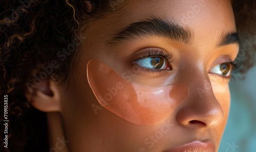 woman with serum-infused peach eye patches photo