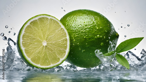 half lime  leaves  ice cubes and water splash on isolated white background