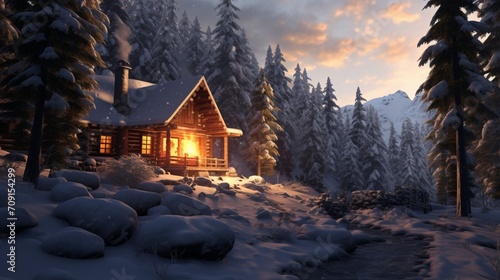 A detailed rendering highlights a cozy cabin nestled in a snow-covered forest, smoke billowing from the chimney