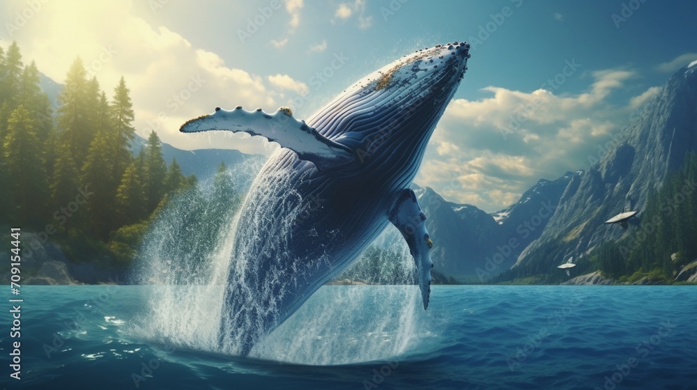 In this realistic 3D render, a pod of whales breaches the surface of the ocean, creating a spectacular display of nature's grandeur - obrazy, fototapety, plakaty 