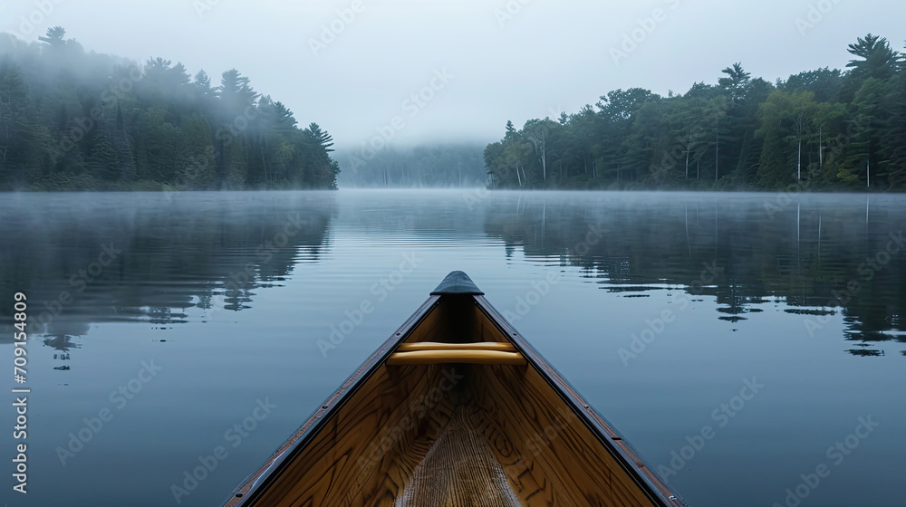 Bow of a canoe in the morning on a misty lake in Ontario, Canada. - obrazy, fototapety, plakaty 
