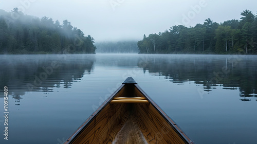 Bow of a canoe in the morning on a misty lake in Ontario, Canada. photo
