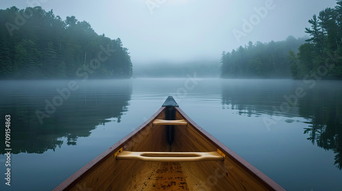 Bow of a canoe in the morning on a misty lake in Ontario, Canada. photo