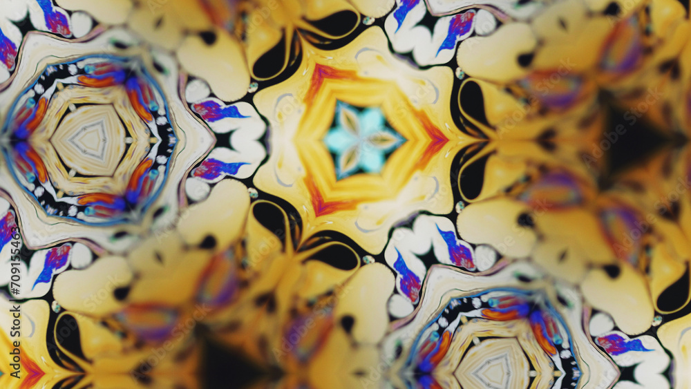 Obraz premium Kaleidoscope ornament. Paint water. Defocused ink ethnic triangle decorative pattern motion geometric fractal abstract art background.