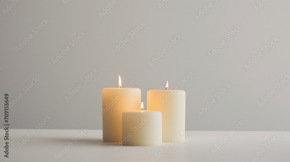 Three ivory candles of varying heights offer a tranquil flame against a gentle white backdrop, evoking a sense of calm and simplicity Three ivory candles of varying heights offer a tranquil flame against a gentle white backdrop, evoking a sense of calm and simplicity