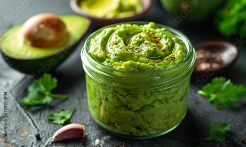 a jar full of delicious guacamole  photo
