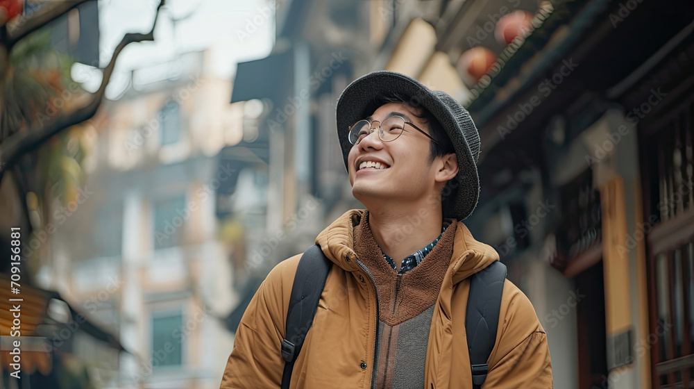 Fototapeta premium Happy young Asian man exploring the old city by walking
