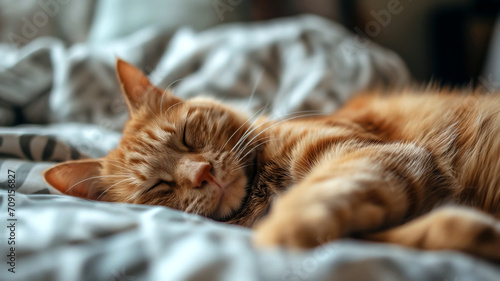 cat sleeping cozily on bed in comfort