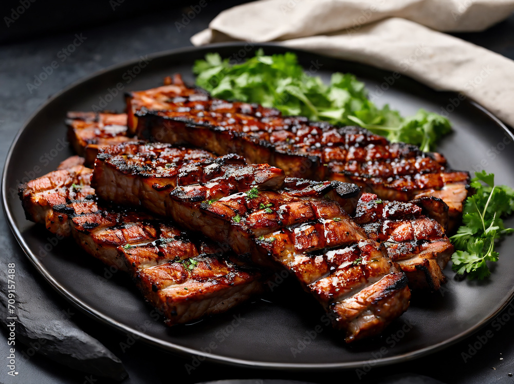 grilled pork ribs on a plate. Also on the plate is parsley. Dark background