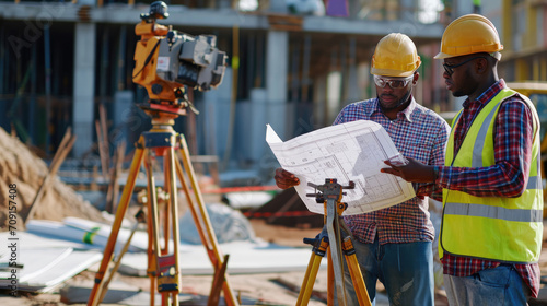 Multi-ethnic construction workers looking at blueprints Construction engineers with architects at the construction site or building site of highrise building with Surveying for making contour plans.